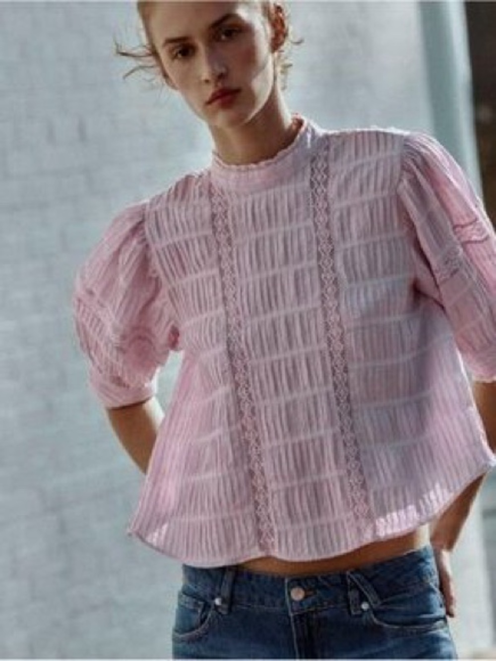 Zara embroidered lilac pink lace crochet pointelle smocked short sleeve top